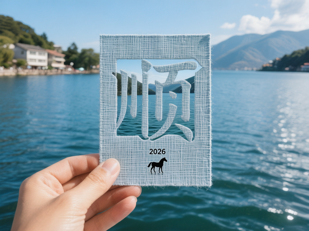 图中展示了一只手拿着一张浅蓝色布质纹理的镂空卡片，背景是波光粼粼的湖泊与远山。卡片中心镂空出一个巨大的汉字「顺」，透过字迹可以看到后方的湖水。卡片下方印有数字「2026」和一个黑色的马匹剪影。背景中，左侧有白色的房屋建筑，右侧是连绵的淡蓝色山脉，阳光洒在水面上形成细碎的亮斑。画面构图以卡片为视觉中心，色彩清新自然。

在 AI 生成的细节方面，存在明显的逻辑缺陷：首先，镂空的「顺」字在物理结构上是不合理的，字体的笔画（如右侧的「页」字部分）在现实中由于缺乏连接点，应该是悬空的，无法固定在边框上。其次，手持卡片的手指边缘略显模糊，与卡片的接触位置缺乏真实的受力感。此外，卡片底部的马匹剪影与 2026 年（农历马年为 2026 年）虽有对应，但剪影的细节略显生硬，与布料纹理的融合不够自然。