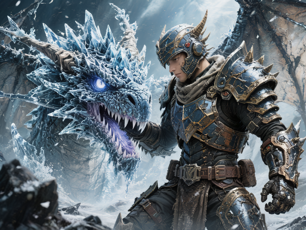 图中展现了一个充满奇幻色彩的冰雪场景。画面中心是一位身着厚重深蓝色铠甲的战士，他正低头注视着左侧的一条巨型冰龙。战士的盔甲细节繁复，带有金色纹路和尖刺装饰，头盔上还有类似龙角的造型。冰龙全身覆盖着晶莹剔透的蓝色冰晶，双眼散发出幽冷的蓝光，张开的巨口中露出锋利的牙齿，仿佛正喷吐着寒气。背景是白茫茫的雪地与冰川，整体色调以冷蓝、银灰和深铜色为主，营造出一种肃杀而宏大的史诗感。

在 AI 生成的细节方面，画面存在一些明显的逻辑缺陷：战士伸向龙嘴的右手手指结构模糊且数量异常，与龙下颚的衔接显得生硬。战士身后的翅膀结构混乱，无法辨认是属于战士还是背景中的其他生物。此外，战士腰部的皮带扣和盔甲边缘的纹饰在精细度上分布不均，部分区域出现了线条交织重叠的透视错误。