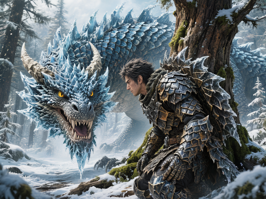 图中展现了一个充满奇幻色彩的雪地森林场景。画面中心，一名留着凌乱黑发的年轻男子正靠在一棵布满青苔的古树旁，他身穿一套带有深色鳞片质感的厚重盔甲，神情严峻。在他面前，一只巨大的冰蓝色巨龙正低头俯视着他，巨龙拥有晶莹剔透的蓝色鳞片和锋利的獠牙，一双明亮的黄色眼睛紧盯着男子，龙的下巴处还挂着一根尖锐的冰柱。背景是白雪皑皑的针叶林，整体色调以冷蓝色、白色和深棕色为主，营造出一种紧张而神秘的氛围。

在 AI 生成的细节方面，画面存在一些明显的逻辑缺陷：男子的右手手指显得异常细长且关节扭曲，与左手比例不一；巨龙的身体结构在穿过树木后显得有些断层，透视关系不够自然；此外，男子盔甲上的鳞片纹理在某些部位出现了模糊和重叠，缺乏真实的物理结构感。