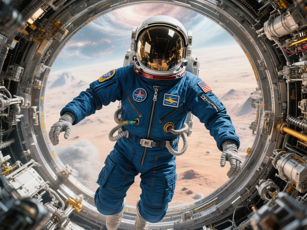 图中展示了一位身着深蓝色宇航服的宇航员，正悬浮在一个巨大的圆形舱门或空间站通道中心。宇航员头戴带有金色面罩的白色头盔，面罩反射着周围复杂的机械环境。宇航服上点缀着多个彩色徽章和美国国旗标识，腰部连接着几根灰色的螺旋状软管。背景透过圆形的舱口，可以看到一颗带有淡橙色地表和稀薄云层的类地行星，上方是深邃的太空。构图采用中心对称，四周环绕着精密的银灰色机械零件、电缆和支架，营造出强烈的科技感。

在 AI 生成的细节方面，画面存在明显的逻辑缺陷：宇航员的左手（画面右侧）手指数量异常且排列混乱，呈现出扭曲的丛状；右手的手指关节也显得僵硬且比例失调。此外，宇航服上的拉链和徽章纹理较为模糊，缺乏真实的文字细节。背景中空间站的机械结构虽然复杂，但部分零件的连接逻辑并不符合工程实际，呈现出一种随机堆砌的视觉效果。