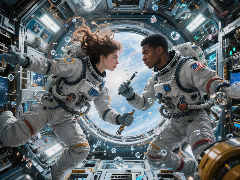 图中展示了一个充满科幻感的空间站内部，两名宇航员正处于失重状态下。画面中心是一名白人女性和一名黑人男性，他们穿着精密的白色宇航服，面对面漂浮着，背景是一个巨大的圆形观测窗，透出蔚蓝的地球弧线。女性宇航员的长发在空中散开，周围漂浮着许多晶莹的水滴。空间站内部布满了复杂的电缆、控制面板和指示灯，冷色调的灯光营造出一种沉静而深邃的氛围。

然而，画面中存在多处明显的 AI 生成缺陷。首先是手部处理异常：女性宇航员左手戴着手套，但手指的结构模糊且比例失调，右手握持的工具与手部连接生硬；男性宇航员右手握着的黑色工具似乎凭空悬浮，且其左手手指数量和关节扭曲。其次，宇航服上的标志和文字模糊不清，美国国旗图案也存在细节错误。此外，空间站背景的机械结构逻辑混乱，部分线条相互穿插，缺乏合理的物理支撑感。