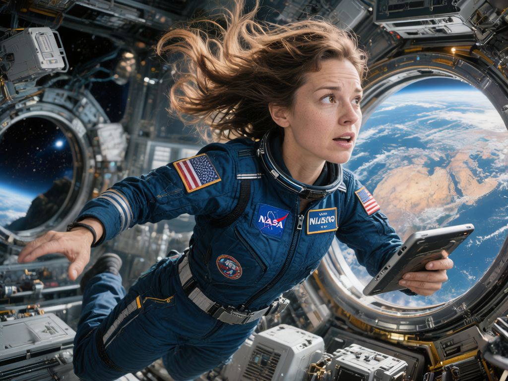 图中展示了一位棕色长发的女性宇航员，正漂浮在充满科技感的国际空间站舱体内。她身穿一件深蓝色的航天服，胸前和手臂上贴有类似 NASA 的标志和美国国旗贴纸。她的头发在失重状态下向上散开，眼神中流露出惊讶或紧迫的神情，正望向右侧巨大的圆形舷窗，窗外可以清晰地看到蔚蓝的地球大气层和陆地轮廓。她左手拿着一个类似平板电脑的电子设备，右手向左侧伸出以平衡身体。

画面呈现出冷色调的工业质感，构图紧凑且富有动感。然而，作为 AI 生成的图片，画面中存在明显的逻辑和细节缺陷：宇航员左手拿着的平板电脑边缘模糊，且手指与设备的接触位置显得生硬、不自然；航天服上的文字标签出现了乱码，并非真实的字母；背景中左侧的圆形舱门透视关系略显混乱，与主舱体的衔接不够协调。此外，宇航员右手的指关节处理也略显僵硬，缺乏真实的解剖结构细节。