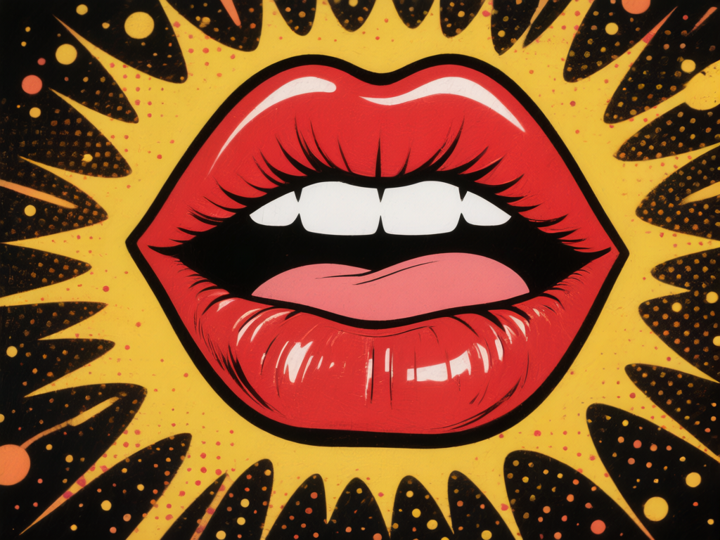 图中展示了一幅波普艺术风格的插画，中心是一张微微张开的、涂着鲜艳红唇的嘴巴。红唇轮廓清晰，带有明显的白色高光，展现出水润的光泽感。嘴唇中间露出了一排整齐洁白的牙齿和粉红色的舌尖。背景采用了明亮的黄色，并环绕着一圈黑色放射状的尖刺图案，这些图案内部点缀着密集的黄色和橙色圆点，营造出一种类似漫画爆炸或惊叹的视觉张力。整体构图对称，色彩对比强烈，具有鲜明的复古漫画感。在 AI 生成的细节方面，可以观察到牙齿的结构略显简化，缺乏真实的牙缝细节；此外，背景中黑色尖刺图案边缘的圆点分布略显杂乱，部分圆点出现了重叠或形状不规则的现象，这是典型的 AI 算法处理纹理时的细微瑕疵。