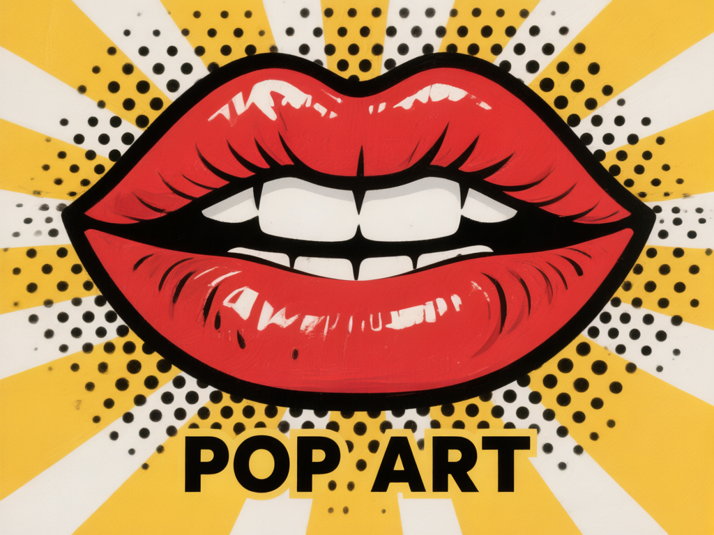 图中展示了一幅具有典型波普艺术风格的插画。画面中心是一双巨大的、涂着鲜艳红唇的嘴巴，略微张开，露出整齐洁白的牙齿。嘴唇线条粗犷，带有黑色的轮廓线和白色的高光，增强了立体感和漫画感。背景由黄白相间的放射状条纹组成，并点缀着密集的黑色波点，营造出一种强烈的视觉冲击力。在画面下方，印有黑色的“POP ART”大写字母。作为 AI 生成的图像，画面存在一些明显的逻辑缺陷：首先，牙齿的结构不符合解剖学，上排门牙的排列显得生硬且缺乏自然的牙缝过渡，下排牙齿则显得细碎且形状模糊；其次，背景中的黑色波点分布不均，部分波点出现了重叠、变形或晕染现象，尤其是在字母周围和放射线交界处，显得不够规整。此外，字母“P”和“A”之间出现了一些多余的黑色杂点，破坏了文字的整洁度。