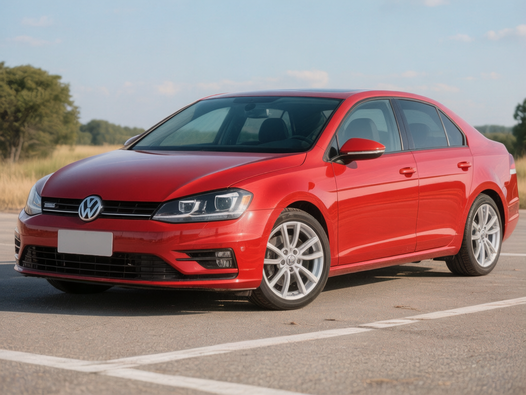 图中展示了一辆鲜红色的轿车，停放在一片空旷的沥青地面上。背景是淡蓝色的天空和远处模糊的绿色树木。车身在阳光照射下呈现出亮丽的金属光泽，构图采用了侧前方的视角，突出了车辆的线条感。车头格栅中心有一个显著的大众品牌标志，两侧是造型现代的LED大灯。

然而，画面中存在多处明显的AI生成缺陷。首先，车身结构逻辑混乱：这辆车的前半部分看起来像是一辆大众高尔夫（两厢车），但后半部分却强行拼接了一个三厢轿车的尾部，导致C柱和后车窗的比例非常不自然。其次，细节处理存在错误，例如前格栅左侧出现了一个模糊的白色长方形块，像是未生成完整的车牌或装饰物；左侧后视镜形状扭曲，且与车身的连接处模糊不清；轮毂的辐条分布不均，缺乏真实的机械对称感。此外，地面上的白色标线在车底处突然断裂或消失，透视关系显得生硬。