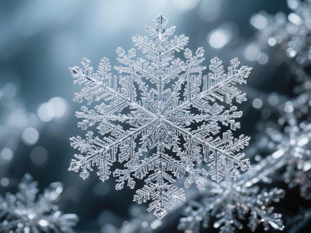 图中展示了一朵精细的雪花特写，它占据了画面的中心位置。这朵雪花呈现出晶莹剔透的质感，仿佛由纯净的冰晶雕琢而成，细节极其丰富，拥有复杂的放射状分叉结构。背景是深蓝色的冷色调，带有柔和的虚化光斑（波克效果），营造出一种寒冷而静谧的冬日氛围。构图上采用了微距摄影风格，中心雪花清晰锐利，而四周的其他雪花则处于模糊状态，增加了画面的层次感。在 AI 生成的细节方面，虽然整体视觉效果华丽，但仔细观察可以发现明显的逻辑缺陷：这朵雪花拥有七条主轴分支，而自然界中真实的雪花严格遵循六角对称几何结构，这种「七角星」的形态是 AI 在模拟自然规律时的典型错误。此外，部分细小的冰晶分支在连接处显得有些杂乱，缺乏真实结晶的严谨对称性。