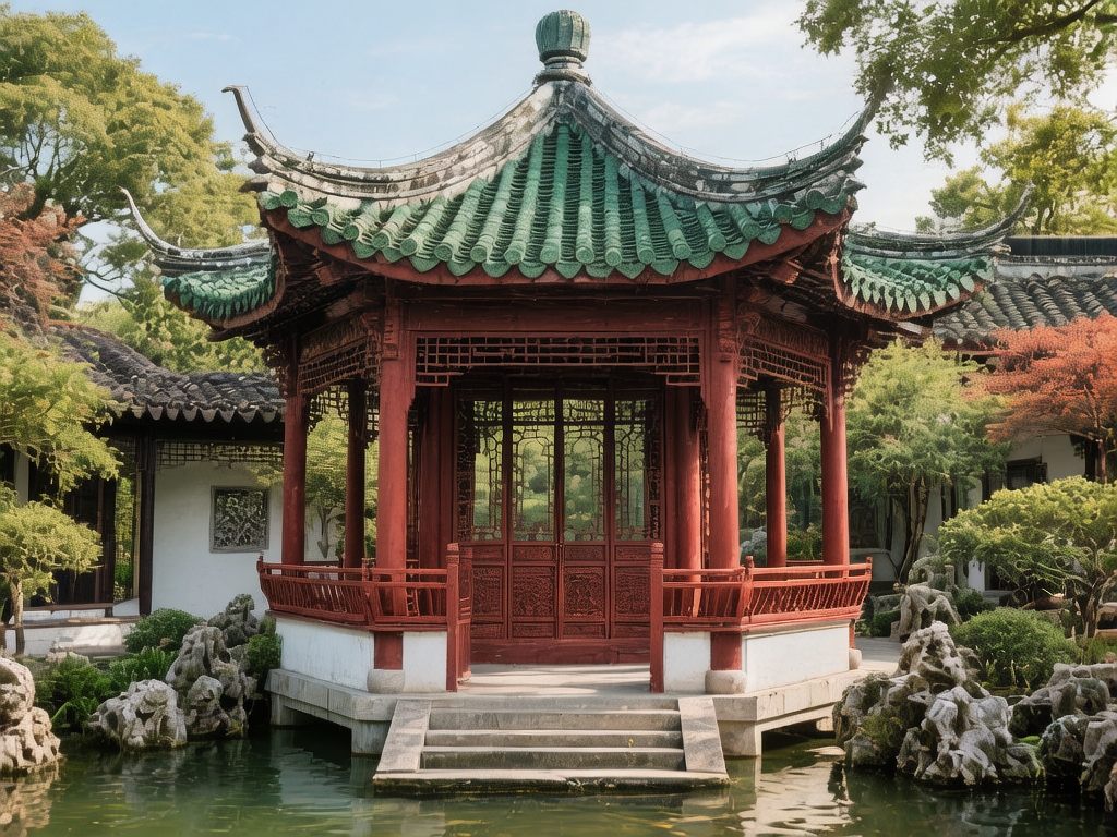 图中展示了一座坐落在水池边的中式古典园林凉亭。凉亭位于画面中央，拥有醒目的翠绿色琉璃瓦屋顶，飞檐翘角，造型优美。亭身由红色的木柱支撑，四周设有精美的木质花窗和红色围栏。凉亭下方是白色的基座，通过几级石阶与水面相连。背景是茂密的绿树和点缀其间的红叶，水池旁错落有致地摆放着形态各异的太湖石。整体色彩以红、绿、白为主，呈现出宁静的园林景观。

画面中存在明显的 AI 生成缺陷：凉亭顶部的瓦片纹理在边缘处显得模糊且不连贯，左侧飞檐的线条有些扭曲。最明显的异常在于凉亭正面的木门和花窗，其内部的格栅纹样杂乱无章，缺乏对称性且逻辑混乱。此外，右侧背景中的树木与建筑交界处光影生硬，部分太湖石的纹理显得过于破碎，缺乏自然的岩石质感。