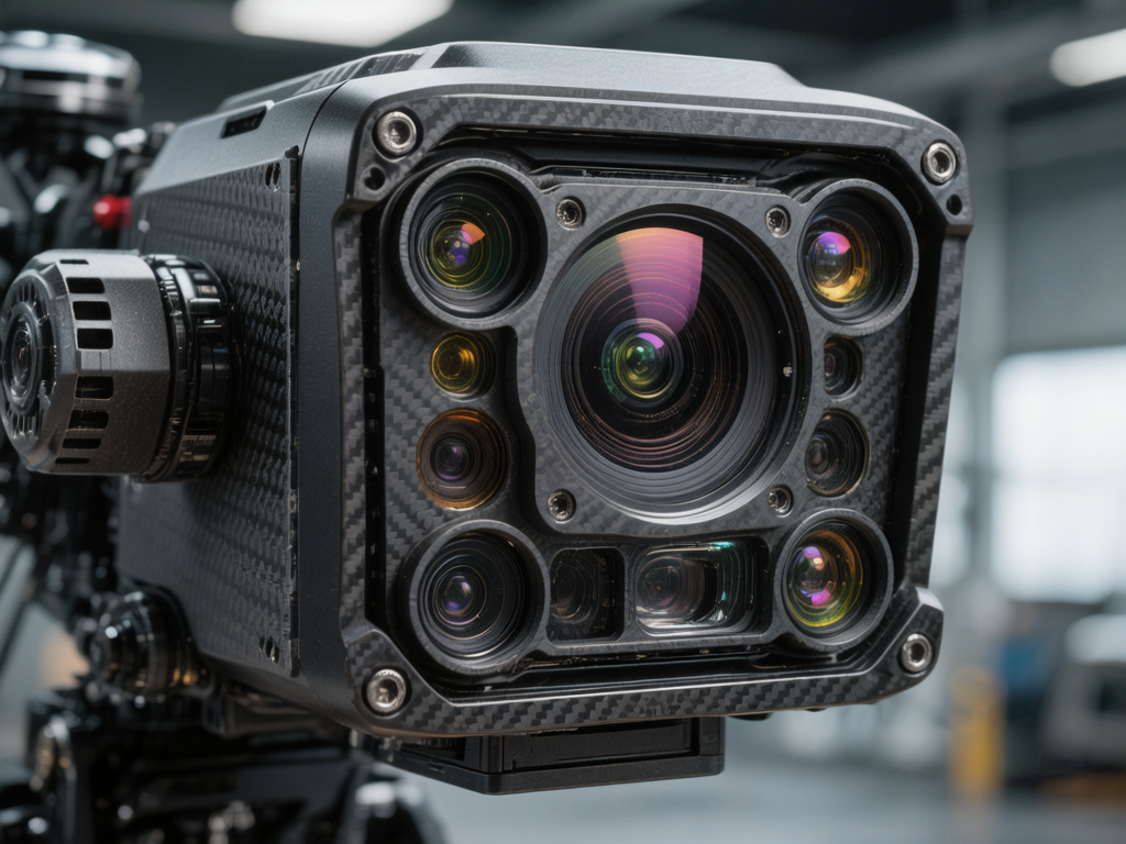 图中展示了一台极具科技感的专业级多镜头摄像设备，背景是模糊的工业或摄影棚环境。这台设备的主体呈方形，外壳采用了深灰色的碳纤维纹理材质，边缘由多颗银色内六角螺丝固定，显得十分坚固。正面最引人注目的是密集的镜头组：中心是一个巨大的主镜头，周围不规则地环绕着约九个大小不一的副镜头，镜片在光线下反射出紫色、金色和绿色的绚丽光泽。画面左侧连接着复杂的机械结构和旋钮。作为 AI 生成的图片，画面存在明显的逻辑缺陷：镜头组的排列过于杂乱且缺乏光学对称性，部分小镜头的边缘与外框融合模糊；左侧的旋钮结构透视混乱，金属质感不统一；此外，碳纤维的纹理在转角处出现了断裂和扭曲，不符合真实工业制造的精密感。