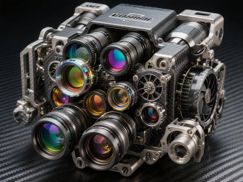 图中展示了一个极具科幻感的复杂机械装置，看起来像是一台拥有超多镜头的特种摄像机。该装置主体由深灰色碳纤维和银色金属构件组成，结构致密且充满工业美感。最引人注目的是其正面簇拥着至少十个大小不一的相机镜头，每个镜片的镀膜都呈现出绚丽的彩虹色光泽，包括紫色、绿色和金黄色。装置侧面配有散热风扇和复杂的齿轮结构，整体放置在具有斜纹质感的黑色背景上。作为 AI 生成的图片，画面存在明显的逻辑缺陷：顶部的品牌标志文字模糊且无法辨认，呈现为破碎的白块；镜头之间的排列过于拥挤且缺乏合理的物理支撑逻辑；右侧的散热风扇叶片形状不规则，且部分金属零件的边缘出现了不自然的融合与透视扭曲，整体结构在现实中难以实现正常的功能运作。