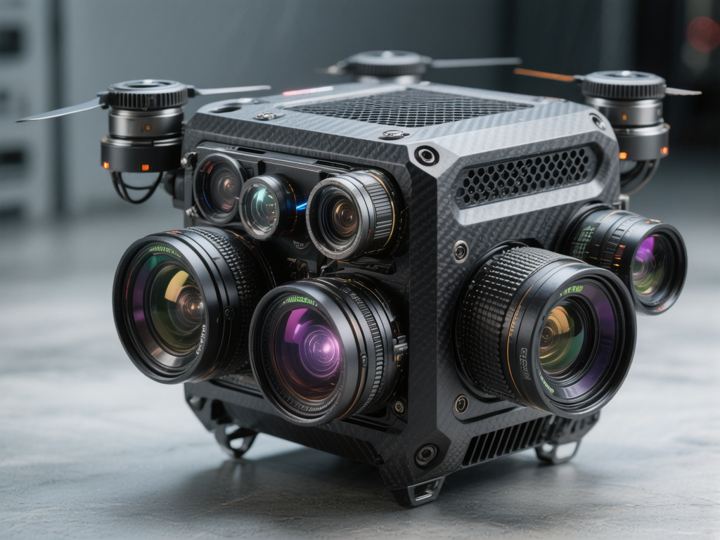 图中展示了一台设计风格硬朗、具有工业科技感的黑色正方体无人机，静置在灰色的平滑地面上。机身采用了碳纤维纹理材质，顶部配有金属散热网格。这台机器最显著的特征是其四周安装了多个大小不一、朝向各异的专业相机镜头，镜头玻璃呈现出紫色、绿色和金色的多层镀膜反光。机身四个角上方配有小型旋翼，侧面点缀着微弱的橙色指示灯。画面背景模糊，呈现出冷色调的室内工业环境。作为 AI 生成的图像，画面存在明显的逻辑缺陷：无人机的旋翼结构异常，叶片极短且与电机连接处缺乏合理的机械结构，难以产生足够的升力；镜头在机身上的排布杂乱无章，部分镜头边缘与机身融合生硬；此外，镜头上的刻度文字模糊不清，呈现出无意义的乱码线条。