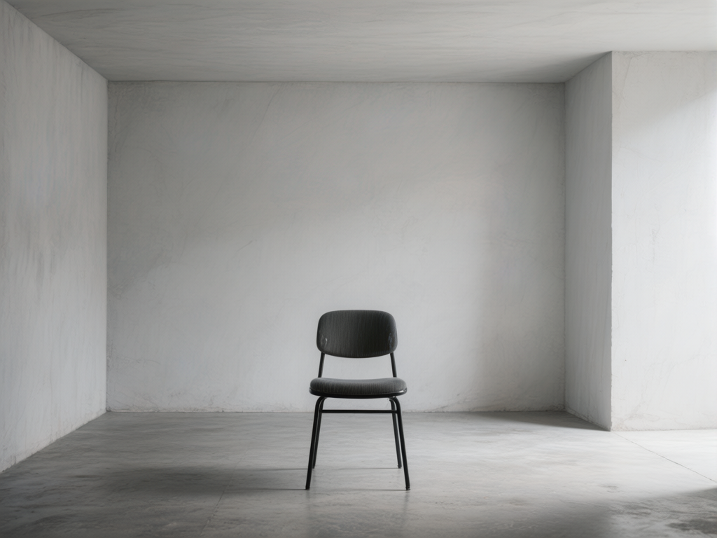 图中展示了一个极简主义风格的室内场景。在一个空旷、冷色调的房间中央，孤零零地摆放着一把深灰色的现代简约靠背椅。房间的墙壁和地面呈现出类似清水混凝土或粗糙抹灰的质感，色调以浅灰和白色为主，营造出一种冷峻、静谧甚至略显压抑的氛围。光线似乎从右侧投射进来，在地面上留下了椅子模糊的阴影。构图上，椅子位于画面中心偏下的位置，四周留有大量的空白。在 AI 生成的细节方面，存在明显的透视和结构异常：椅子的四条腿在地面上的落点分布不自然，尤其是左侧的椅腿显得过长且角度生硬；椅背与坐垫的连接处线条模糊，缺乏真实的物理衔接感；此外，房间左侧墙角与地面的交界线处理得不够清晰，呈现出一种不切实际的漂浮感。