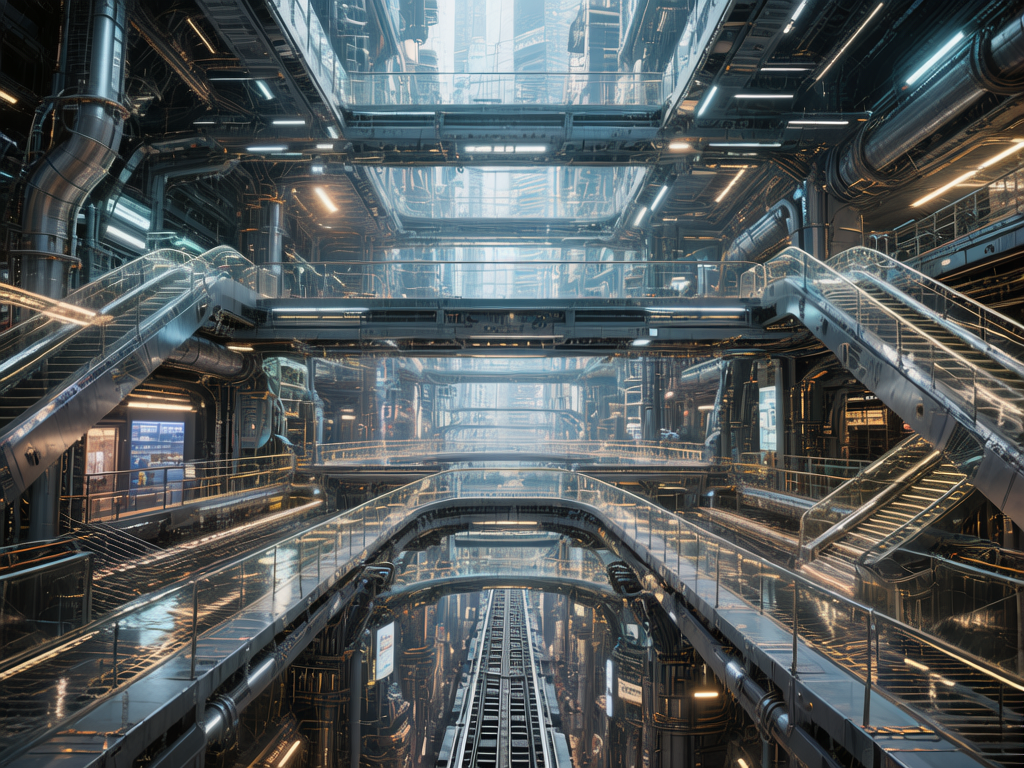 图中展现了一个充满赛博朋克风格的巨型室内工业空间，仿佛是一个多层交织的未来派交通枢纽或工厂内部。画面采用中心透视构图，深邃的走廊向远方延伸，视觉尽头笼罩在迷蒙的白光中。色调以冷峻的深灰色和金属银为主，点缀着明亮的白色和暖黄色灯光。空间内布满了错综复杂的金属管道、横跨两侧的悬空步道以及多组自动扶梯。光影交错在湿漉漉的地面上，营造出一种高科技但略显压抑的氛围。

在 AI 生成的细节方面，画面存在明显的逻辑与透视缺陷：左侧和右侧的自动扶梯结构混乱，部分阶梯与扶手在连接处断裂或凭空消失；画面中央下方的轨道状结构缺乏支撑，且线条在延伸过程中发生了扭曲。此外，许多细小的金属支架和护栏呈现出不自然的交织状态，缺乏实际的物理支撑逻辑，显示出 AI 在处理复杂几何结构时的局限性。