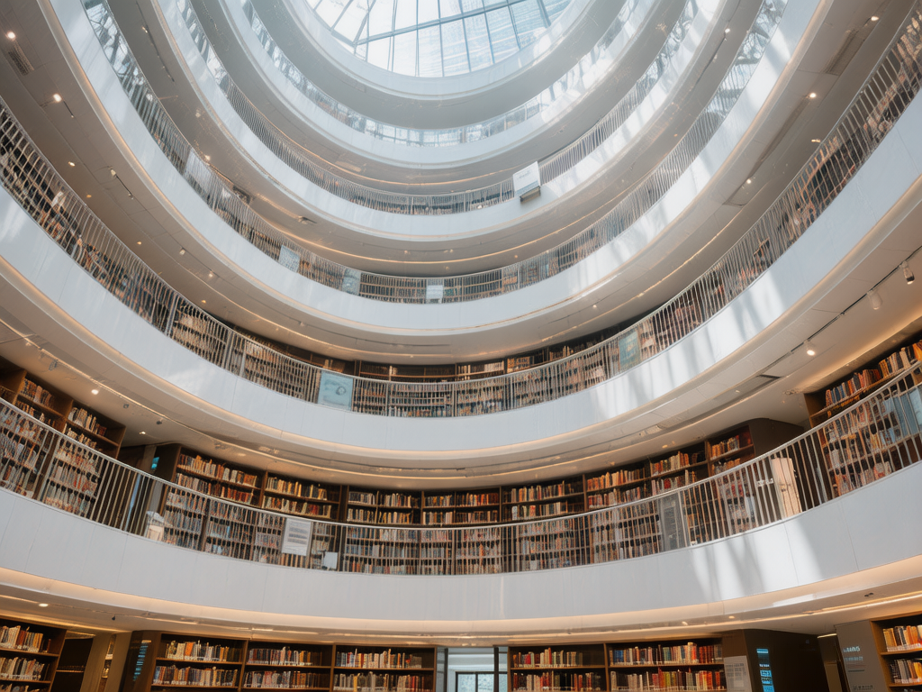 图中展现了一个宏伟且充满现代感的圆形环绕式图书馆内部。画面采用仰视视角，视觉中心是顶部巨大的圆形玻璃天窗，明亮的自然光由此倾泻而下，照亮了整个空间。图书馆共有六层环形走廊，每一层都整齐地排列着密密麻麻的书架，书架上摆满了色彩斑斓的书籍。整体色调以纯净的白色建筑线条和温暖的木质书架色为主，营造出一种宁静而博大的学术氛围。然而，画面中存在明显的 AI 生成缺陷：随着楼层向上延伸，书架上的书籍逐渐变得模糊且笔触混乱，失去了真实的纹理；部分护栏的垂直线条在透视收缩时出现了断裂或扭曲，显得不够连贯；此外，高层走廊上的指示牌文字模糊不清，无法辨认，且部分阴影的投射方向与顶部的单一光源逻辑略有不符。