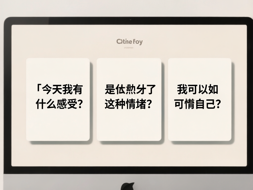 图中展示了一个现代化的电脑显示器屏幕，背景呈现柔和的米白色。屏幕中央整齐地排列着三张带有圆角和阴影效果的白色卡片，每张卡片上都印有黑色的中文短句，似乎是关于心理引导或自我反思的内容。屏幕上方有一个模糊的灰色标志，带有「Ctne foy」字样。整体构图简约干净，色调统一。然而，画面中存在明显的 AI 生成缺陷，主要体现在文字错误上：中间卡片的文字「是佉熟分了这种情堵？」和右侧卡片的「我可以如可惜自己？」在逻辑和用词上均不通顺，出现了错别字和语病（如「情堵」应为「情绪」，「可惜」应为「关惜」或「爱护」之意）。此外，屏幕下方的电脑支架部分显示不全，且顶部的标志文字也属于无意义的乱码。