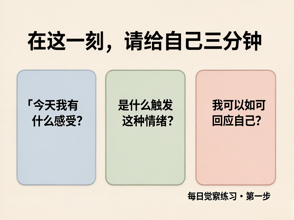 图中展示了一张以心理觉察为主题的引导卡片，背景呈现出柔和的米白色磨砂质感。画面上方居中排列着一行醒目的黑色大字：“在这一刻，请给自己三分钟”。下方并排分布着三个圆角矩形色块，从左至右依次为淡蓝色、淡绿色和淡粉色，每个色块内都印有一句引导提问。左侧蓝色块写着“「今天我有什么感受？」”，中间绿色块写着“是什么触发这种情绪？”，右侧粉色块写着“我可以如何回应自己？”。在图片的右下角，有一行较小的文字标注为“每日觉察练习·第一步”。整体构图整洁对称，色彩清新治愈。作为一张 AI 生成的文字类图片，其文字排版非常工整，没有出现常见的字符扭曲或错别字现象，但在色块边缘的阴影处理上略显生硬，缺乏自然的景深感。