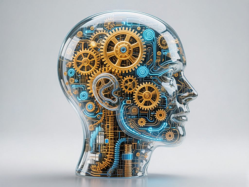 图中展示了一个具有未来科技感的透明人类头部模型，背景为纯净的浅灰色。这个头部呈右侧轮廓站立，外壳由像玻璃或透明塑料般的材质构成，清晰地显露出内部复杂的机械结构。内部充满了大大小小的金色齿轮、发光的蓝色电子线路和密集的金属零件，象征着人工智能或机械大脑的运作。色彩上以金色的机械质感与亮蓝色的科技光效形成鲜明对比，构图居中且富有对称美感。在 AI 生成的细节方面，可以观察到一些逻辑上的瑕疵：部分齿轮的边缘相互重叠却未真正咬合，内部线路的走向略显杂乱且缺乏明确的物理支撑点，此外，透明外壳在鼻尖和嘴唇处的反光略显生硬，缺乏真实的光学折射效果。