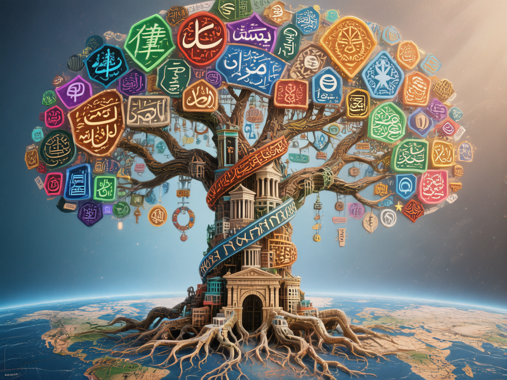 图中展示了一棵宏伟的超现实主义“文明之树”，它扎根于一颗蔚蓝的类地行星之上。树干由古希腊风格的石柱建筑堆叠而成，螺旋状的彩色丝带缠绕其上，丝带上布满了类似古文字的符号。树冠异常繁茂，由无数五颜六色的多边形石牌组成，石牌上刻有汉字、阿拉伯语、希伯来语等多种语言的文字或变体，象征着全球文化的融合。背景是深邃的宇宙空间，右上角有柔和的金色光芒洒下。在 AI 生成细节方面，画面存在明显的逻辑缺陷：树冠上的文字大多是无意义的乱码或结构扭曲的符号（如左上角的“律”字结构略显生硬）；树干建筑的透视关系较为混乱，窗户和柱廊的比例不一；树根与地表的衔接处显得生硬且缺乏自然的阴影过渡，部分悬挂在树枝下的装饰物呈现出漂浮的不自然感。