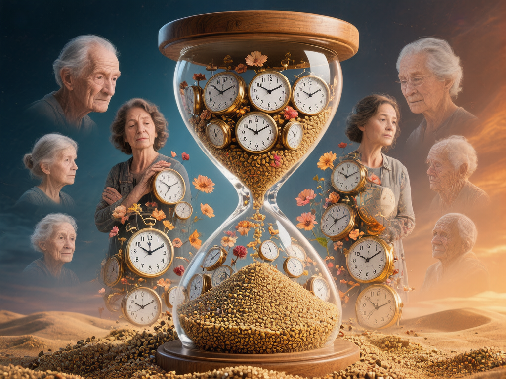 图中展示了一个充满超现实主义色彩的场景，核心是一个巨大的木质沙漏，矗立在荒芜的沙漠之中。沙漏内部装满了金色的颗粒，并混杂着许多复古的金色怀表和橙色的小花。沙漏两侧漂浮着多位神情忧郁、皮肤布满皱纹的老年人形象，背景左侧为深邃的蓝黑色夜空，右侧则是温暖的橙黄色夕阳。画面构图对称，色彩对比强烈，传达出时间流逝与衰老的沉重感。在 AI 生成的细节方面，存在明显的逻辑缺陷：沙漏中的怀表大小不一且透视混乱，部分表盘上的数字排列错误，甚至出现了重叠或扭曲的情况。此外，人物的手部线条模糊，与怀表交织的部分显得结构生硬，部分花朵像是凭空悬浮在空气中，缺乏自然的生长连接。