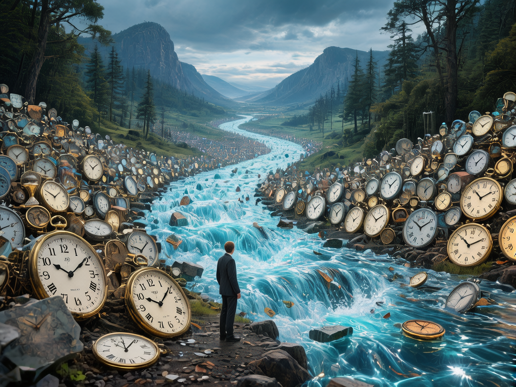 图中展现了一个充满超现实主义色彩的壮丽景观。画面中央，一位身穿深色西装的男子背对观众，伫立在湍急的蓝色河流边。这条河流并非普通的流水，而是由无数细小的发光碎片组成，蜿蜒流向远方云雾缭绕的山谷。河流两岸堆积如山的不是石块，而是成千上万个大小不一、款式各异的怀表和闹钟，金色的表壳在冷色调的背景下格外醒目。天空阴沉，远处的山脉和森林笼罩在灰蓝色的薄雾中，营造出一种“时间流逝”的深邃意境。

在 AI 生成的细节方面，画面存在明显的逻辑与结构缺陷：近景处的大型怀表表盘数字排列混乱，出现了重复或位置偏移的数字，且指针指向模糊不清；部分钟表的边缘与周围环境融合得极不自然，仿佛半嵌入地表或水中；河流中溅起的水花纹理略显生硬，缺乏真实的物理动态感；此外，远景处堆积的钟表逐渐简化成了模糊的色块，失去了应有的物体结构。