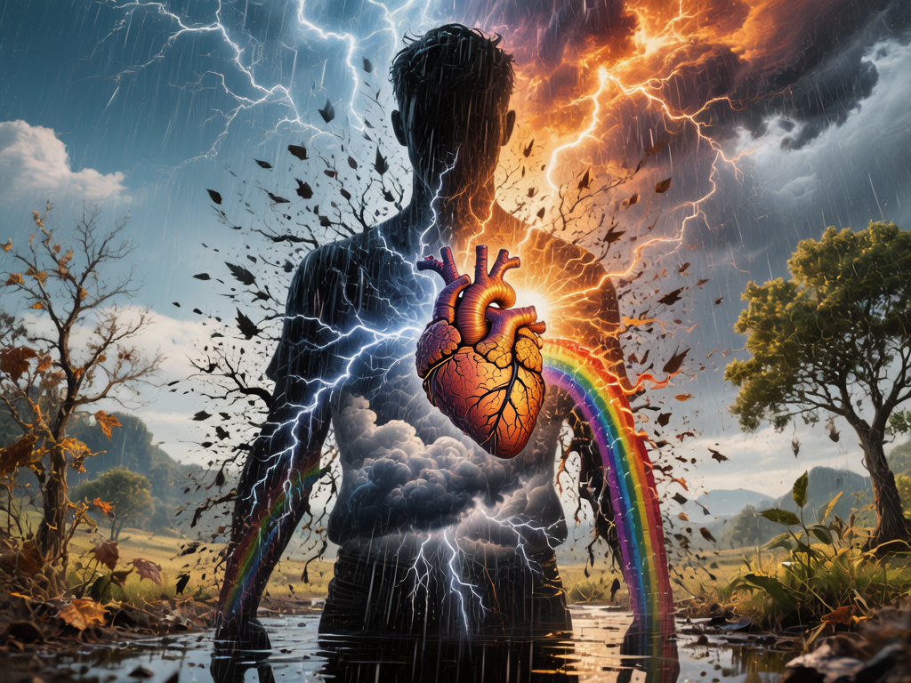 图中展现了一个充满超现实主义色彩的艺术场景。画面的中心是一个背对观众的男性半身剪影，他正站在浅水中。这个人物的身体仿佛是一个透明的容器，内部充斥着翻滚的乌云和闪电。在人物胸口的位置，一颗巨大的、写实风格的红色心脏悬浮在空中，心脏右侧延伸出一道鲜艳的彩虹，斜跨过他的身体。背景被一分为二：左侧是冷调的蓝色雷雨天，枯树在风中摇曳；右侧则是暖调的橙色晚霞，伴随着金色的闪电。整体构图对称且富有张力，色彩对比强烈。在 AI 生成的细节方面，存在明显的逻辑缺陷：人物右侧的彩虹末端直接穿透了手臂并消失在水中，显得不够自然；心脏表面的血管纹理过于密集且走向杂乱；此外，水面上的倒影与人物实际的闪电效果并不完全匹配，且背景中树木的枝叶在风雨中的形态略显破碎和不连贯。