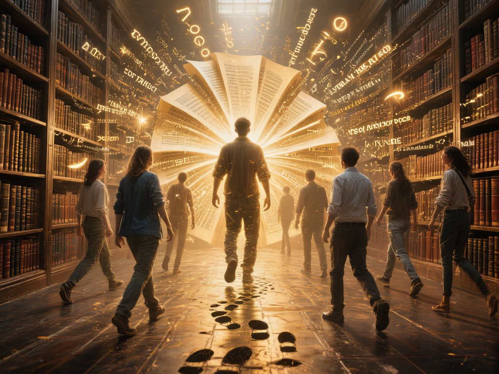 图中展现了一个充满奇幻色彩的宏大图书馆场景。画面中心，一群身着现代休闲服饰的人正背对着镜头，向前方一个巨大的、呈放射状展开的金色发光书页中心走去。两侧是高耸入云的深色木质书架，整齐地码放着无数书籍。画面色调以温暖的古铜色和明亮的金黄色为主，营造出一种神圣且充满求知欲的氛围。空中漂浮着许多发光的神秘字符和符号，仿佛知识正从书中溢出。地面上有一串清晰的黑色脚印，引导视觉深入画面。

在 AI 生成细节方面，存在明显的逻辑和结构缺陷：画面中央男子的左脚悬空，姿态不自然，且地面上的脚印分布杂乱，与人物步幅不匹配。两侧书架上的书籍纹理模糊，缺乏真实细节。空中漂浮的文字并非真实语言，而是杂乱的乱码符号。此外，部分人物的肢体边缘与背景光影融合过于生硬，远景处的人物身形比例略显失真，呈现出典型的 AI 合成痕迹。