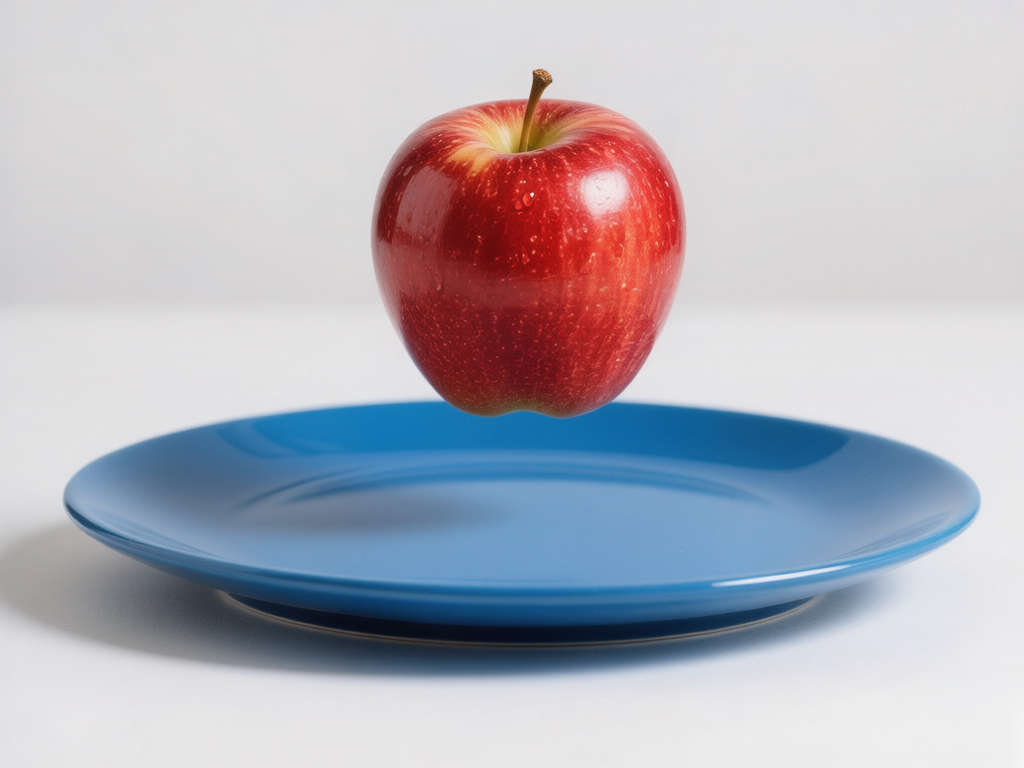 图中展示了一个极简主义风格的静物场景。画面的中心是一个鲜红色的成熟苹果，它正神奇地悬浮在一个明亮的蓝色陶瓷圆盘上方。背景是纯净的浅灰色或白色，光线柔和且均匀，从左上方照射过来，使苹果表面呈现出细腻的高光和零星的水滴感。构图简洁，色彩对比鲜明，红色的苹果与蓝色的盘子形成了强烈的视觉冲击。

然而，作为一张 AI 生成的图片，画面中存在明显的物理逻辑缺陷。最显著的问题是苹果在没有任何支撑物的情况下完全悬浮在空中，且盘子表面并没有映照出苹果应有的倒影或阴影，这违背了真实的物理透视规律。此外，盘子下方的阴影边缘略显生硬，与盘子边缘的衔接不够自然，苹果顶部的果柄细节也显得有些模糊。这些特征共同指向了这是一张由人工智能合成的超现实图像。