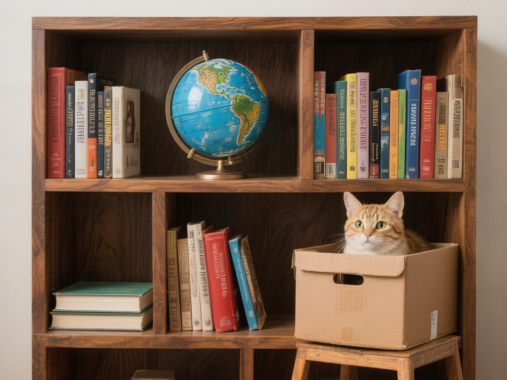 图中展示了一个深棕色实木书架的局部，书架分为上下两层，散发着温馨的居家氛围。上层左侧整齐排列着几本厚书，中间放置着一个蓝色的地球仪，右侧则塞满了五颜六色的书籍。下层左侧堆叠着两本厚书，中间立着几本旧书，右侧最引人注目的是一只橘白相间的猫咪，它正乖巧地坐在一只放在木凳上的瓦楞纸箱里，露出圆滚滚的脑袋看向前方。画面色调温暖，光线柔和。然而，作为 AI 生成的图片，画面存在明显的逻辑与细节缺陷：书脊上的文字全是杂乱无章的乱码，无法辨认；地球仪上的陆地轮廓与现实地理完全不符；最明显的异常在于书架的结构，下层的垂直隔板在纸箱后方离奇消失，导致书架的空间透视显得非常不合理，仿佛纸箱悬浮在半空或嵌入了木板中。
