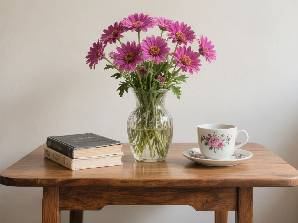 图中展现了一个温馨静谧的室内角落。一张纹理清晰的棕色实木方桌靠在淡米色的墙边，桌面上整齐摆放着三组物品：中心是一个透明的竖条纹玻璃花瓶，里面插着一束盛开的深粉色雏菊，绿色的枝茎在水中清晰可见；左侧叠放着两本厚书，上方是一本黑色硬壳书，下方是一本米色旧书；右侧则是一套精致的白瓷茶杯与茶碟，杯身印有粉色玫瑰花图案。画面光线柔和，营造出一种午后休闲的氛围。

在 AI 生成的细节方面，存在一些明显的逻辑缺陷：首先，花瓶中雏菊的枝茎在水下的折射效果显得杂乱且不自然，部分茎干似乎在水中凭空消失或断裂；其次，左侧两本书的脊部纹理模糊，书页的厚度比例略显失调；最明显的异常在于茶杯，杯柄的连接处处理得不够平滑，且茶杯在茶碟上的投影方向与花瓶的阴影并不完全一致，透视感略显生硬。