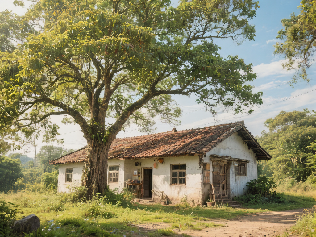 图中展现了一幅宁静的乡村风景画。画面中心是一座带有怀旧气息的单层白色平房，屋顶铺着错落有致的红褐色瓦片，墙面显得有些斑驳陈旧。房子左侧矗立着一棵巨大的古树，茂密的绿叶如同一把巨伞遮蔽了半个屋顶，阳光透过叶缝洒下斑驳的光影。房子周围环绕着葱郁的草地和远处的树林，右前方有一条蜿蜒的泥土小路。整体色调温暖柔和，充满了夏日午后的慵懒感。在 AI 生成的细节方面，存在一些明显的逻辑缺陷：屋顶瓦片的纹理在边缘处显得模糊且结构混乱，缺乏真实的重叠逻辑；房屋右侧的木门与窗户结构模糊，似乎融合在了一起；此外，古树的枝干生长方向略显突兀，部分细小枝条在空中凭空消失，与背景天空的衔接不够自然。