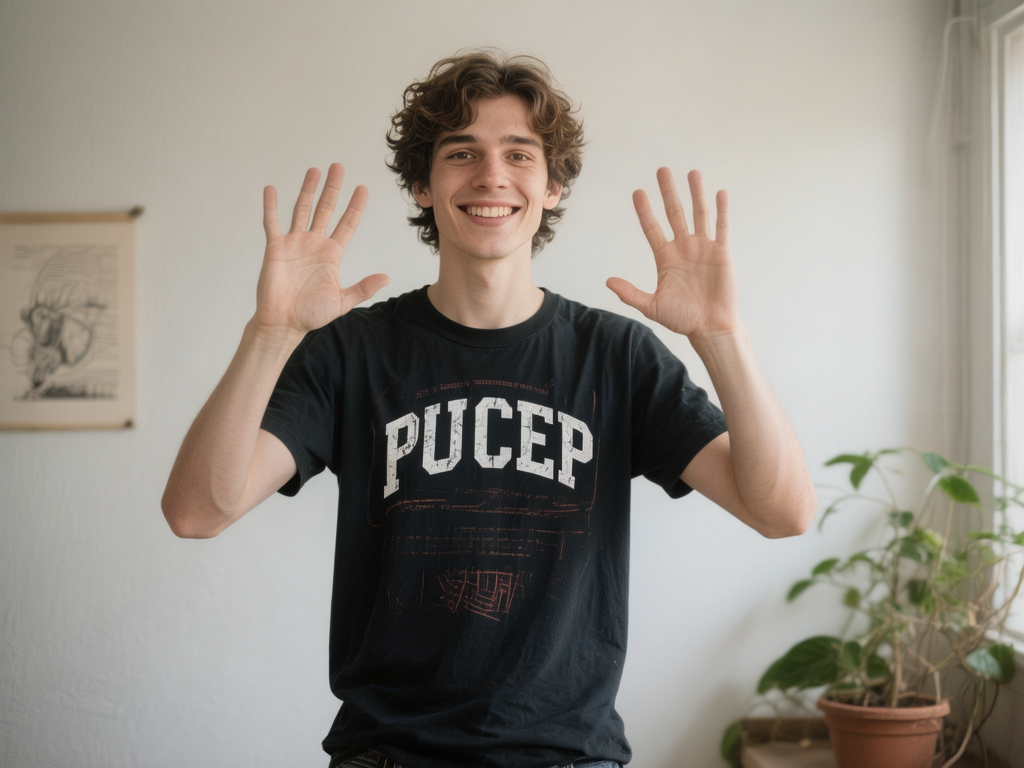 图中展示了一位留着棕色卷发的年轻男子，他正对着镜头灿烂地微笑，背景是一个简洁明亮的室内空间。他穿着一件黑色短袖 T 恤，胸前印有白色的“PUCEP”字样。他举起双手，掌心向前，做出了类似展示手指的动作。背景的白墙上挂着一幅模糊的装饰画，右侧窗边摆放着一盆绿植，整体色调柔和且自然。

然而，画面中存在明显的 AI 生成缺陷，主要集中在手部：男子的右手（画面左侧）竟然长出了六根手指，且手指的长度比例失调，显得非常不自然；左手（画面右侧）虽然是五根手指，但大拇指的生长位置和角度存在严重的透视扭曲。此外，T 恤上的文字“PUCEP”看起来有些斑驳，边缘不够平滑。尽管人物的面部表情非常生动，但这些肢体上的逻辑错误揭示了图片的非真实性。