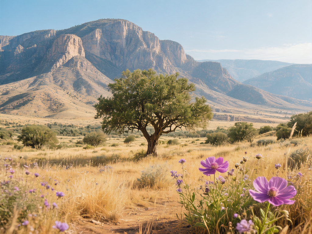 图中展现了一片宁静而辽阔的荒野山区景观。画面前景是金黄色的干草地，点缀着几朵盛开的紫色波斯菊，花瓣在柔和的阳光下显得格外鲜艳。中景处，一棵枝叶茂密的绿树孤傲地伫立在平原中央，成为视觉的焦点。背景则是连绵起伏的雄伟岩石山脉，山体呈现出浅棕色和灰色的质感，在清澈的蓝天映衬下显得庄严而静谧。整幅画面的色调温暖，光影分布均匀，营造出一种秋日午后的宁静氛围。

在 AI 生成的细节方面，画面存在一些明显的逻辑缺陷：前景右侧的紫色花朵虽然清晰，但其花茎与地面的连接处显得模糊且不自然，仿佛悬浮在草丛之上；中景树木的枝干纹理在放大观察时显得有些杂乱，缺乏真实的生长逻辑。此外，远处的山脉边缘与天空交界处过于平滑，缺乏自然岩石应有的随机破碎感，整体构图虽美，但透视关系略显平面化。