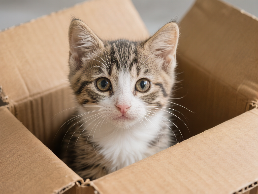 图中展现了一只幼小的狸花猫正端坐在一个棕色瓦楞纸箱里，正对着镜头。这只小猫拥有大而明亮的棕黄色眼睛，粉红色的鼻头，以及洁白的胡须，面部花纹对称，额头带有典型的“M”型斑纹。画面色调温暖柔和，背景被虚化处理，使得视觉重心完全集中在小猫可爱的面部表情上。然而，作为一张 AI 生成的图片，画面中存在明显的逻辑缺陷：小猫身体两侧伸出的白色胡须在长度和走向严重不对称，右侧的胡须显得异常杂乱且过长；此外，纸箱的结构透视也显得有些扭曲，尤其是左前方的箱体边缘连接处显得模糊且不合常理。整体构图虽然温馨，但细节处仍带有 AI 生成的痕迹。