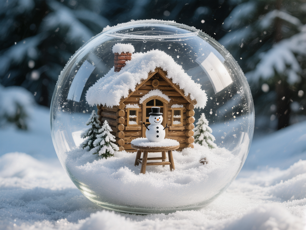 图中展示了一个置于真实雪地背景中的透明玻璃球，球内封装了一个温馨的冬日微缩景观。玻璃球中心是一座棕色的木头小房，屋顶覆盖着厚厚的积雪，并带有一个红砖烟囱。房子前方，一个戴着黑色高礼帽的小雪人站在一张简易的木质圆凳上，周围点缀着几棵挂满白雪的微型常青树。背景是模糊的森林雪景，色调以纯白和深绿为主，营造出一种静谧的氛围。在 AI 生成的细节方面，存在明显的逻辑缺陷：玻璃球顶部有一个开口，这与通常密封的雪花球设计不符；球内的雪人悬浮在凳子上，且凳子的腿部直接插入了下方的积雪中，缺乏自然的支撑感；此外，球体边缘的折射效果略显生硬，与外部环境的衔接不够自然。