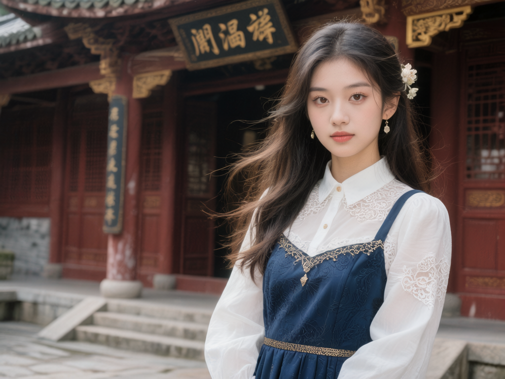 图中展示了一位年轻的亚洲女性，她站在一座古色古香的中式建筑前。这位女性留着微卷的长发，发间点缀着白色的小花，面容清秀，眼神直视镜头。她穿着一件带有蕾丝花边的白色长袖衬衫，外搭一件深蓝色的吊带连衣裙，裙子边缘有精致的金边装饰。背景是一座红墙黛瓦的古建筑，檐下悬挂着一块写有金色字体的黑色牌匾，整体色调温和，透着一种宁静的古典美。

在 AI 生成的细节方面，画面存在一些明显的逻辑缺陷：首先是背景牌匾上的文字，虽然看起来像汉字，但实际上是无法辨认的乱码，不符合真实的文字结构；其次，女性左侧（画面右侧）的头发与背景建筑的阴影衔接处显得有些生硬；此外，建筑柱子上的对联文字也同样模糊不清，且透视角度略显不自然。尽管如此，整张图片在光影和人物神态的塑造上非常柔和。