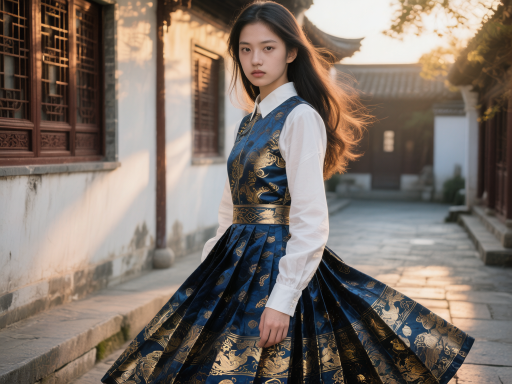 图中展示了一位年轻女性站在具有中式传统建筑风格的庭院中。她留着黑色长发，面容清秀，身穿一件融合现代与传统的服饰：内搭白色长袖衬衫，外穿一件深蓝色绸缎质感的马面裙风格连衣裙，裙身上布满了精致的金黄色龙纹和云纹。背景是古色古香的白墙黛瓦，阳光从侧面洒下，营造出温暖的午后氛围。构图上，女性位于画面中心，裙摆向两侧撑开，呈现出优美的弧度。

在 AI 生成的细节方面，存在一些明显的逻辑缺陷：首先是人物的手部处理异常，画面下方露出的右手手指显得短小且形状模糊，缺乏正常的关节结构；其次，裙摆的透视感略显生硬，左侧裙摆边缘与背景墙面的衔接处不够自然；此外，背景中左侧窗户的木质格栅纹路在细节处显得有些杂乱，不符合真实的木工结构。尽管如此，整幅画面的色彩协调，光影效果非常柔和。