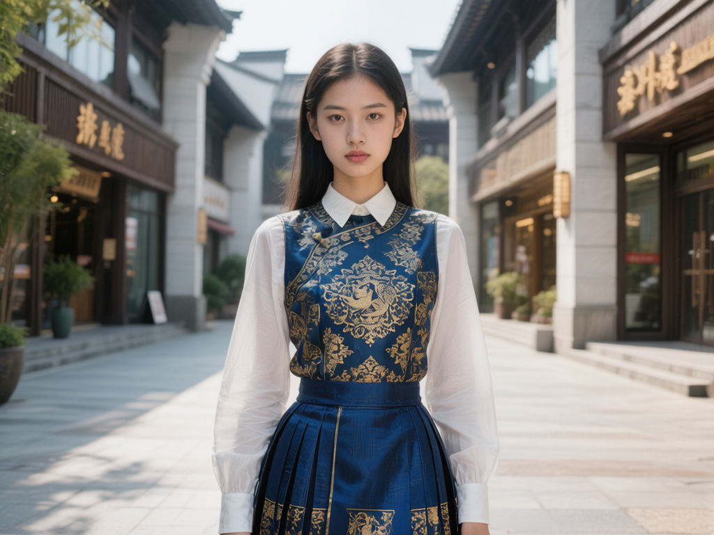 图中展示了一位年轻的亚洲女性，她留着黑色长直发，神情端庄地站在一条古色古香的商业街中央。她穿着一件融合了中西风格的服饰：内搭白色长袖衬衫，外罩一件深蓝色绸缎质地的中式马甲，马甲上绣有精致的金黄色凤凰和祥云图案，下身搭配同色系的百褶长裙。背景是阳光明媚的步行街，两旁排列着灰瓦白墙的仿古建筑，牌匾上带有金色字体，整体色调明亮且富有文化气息。

在 AI 生成的细节方面，存在一些明显的逻辑缺陷。首先，背景店铺牌匾上的文字虽然看起来像汉字，但实际上是无法辨认的乱码，笔画结构扭曲。其次，女性马甲上的金色刺绣图案在边缘处显得模糊且不对称，缺乏真实的缝纫质感。此外，背景建筑的透视线条在远处略显生硬，人物与地面的阴影衔接不够自然，呈现出一种轻微的漂浮感。