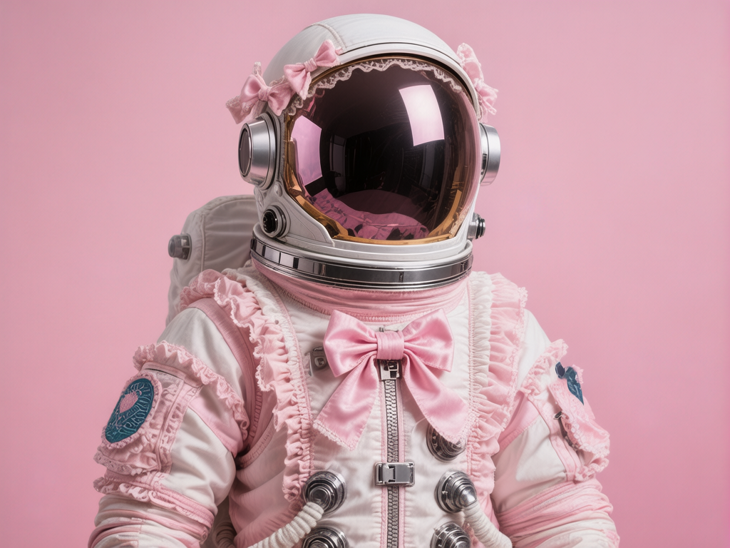 图中展示了一位身着极具少女感航天服的宇航员上半身特写，背景是纯净的浅粉色。这套航天服以白色为主基调，巧妙地融合了大量粉色元素：头盔边缘点缀着精致的粉色蕾丝和蝴蝶结，胸前正中有一个硕大的粉色缎面蝴蝶结，双肩和手臂处则布满了层层叠叠的粉色荷叶边装饰。头盔的金色面罩具有镜面反射效果，映照出周围模糊的环境。整体构图居中，风格甜美且富有超现实主义色彩。在 AI 生成的细节方面，存在一些明显的逻辑缺陷：宇航员右臂上的圆形臂章图案模糊且不对称，左臂上的蓝色标识形状怪异，无法辨认具体含义；此外，胸前的金属拉链与扣件结构显得杂乱，缺乏真实的机械逻辑，头盔顶部的蕾丝装饰与金属外壳的衔接处也略显生硬。
