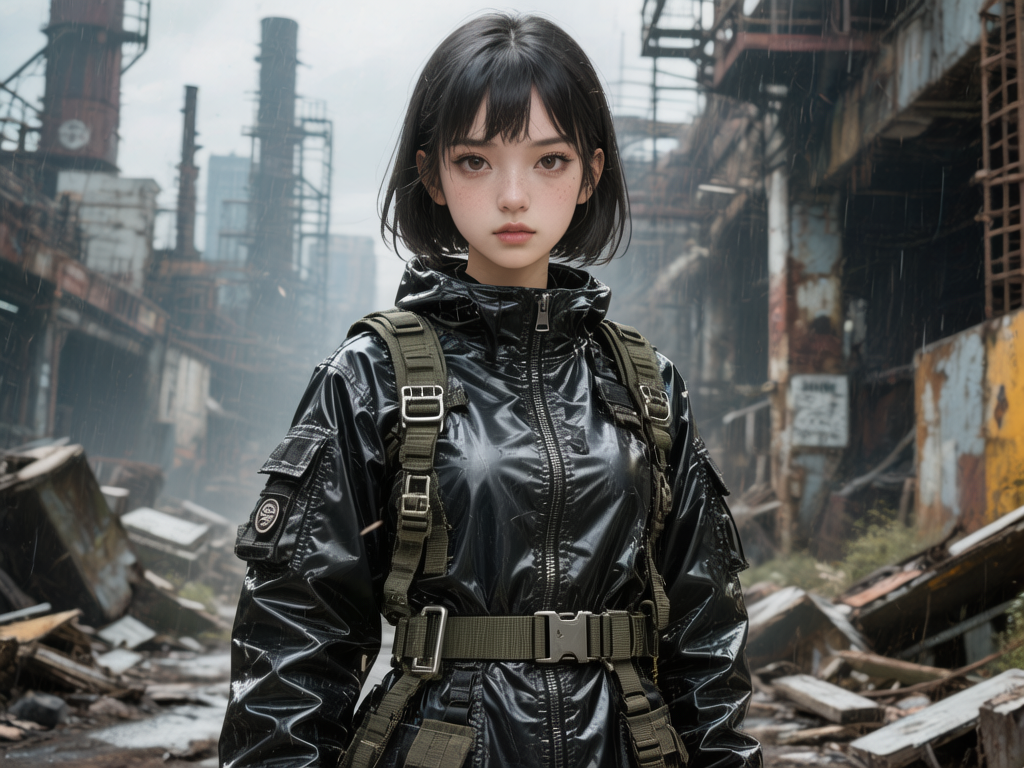 图中展现了一位留着黑色齐耳短发的年轻女性，她正站在一片荒废的工业遗迹中。她有着精致的五官和淡淡的雀斑，神情冷静地直视镜头。她身穿一件亮面黑色的防水连帽外套，胸前和腰间系着多条橄榄绿色的战术背带和腰带，显得英气十足。背景是阴天下的废弃工厂，可以看到高耸的烟囱、锈迹斑斑的钢结构建筑以及满地的碎石瓦砾，空气中似乎还飘着细雨，整体色调偏向冷峻的灰调。

在 AI 生成的细节方面，画面存在一些明显的逻辑缺陷：首先是战术背带的设计非常混乱，胸前的多条带子与扣具连接方式不符合物理结构，显得杂乱且无实际功能；其次，女孩右臂上的圆形徽章图案模糊不清，无法辨认具体内容；此外，背景中左侧的烟囱和建筑线条在雾气中显得有些扭曲，与前景的写实风格略有脱节。