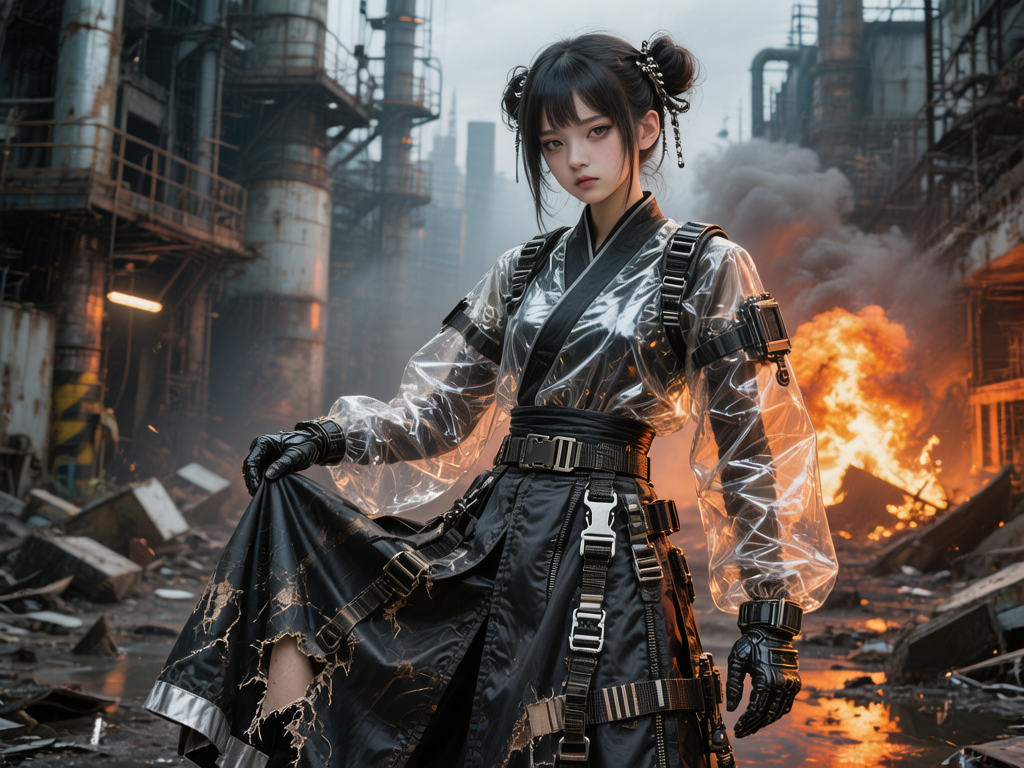 图中展示了一位具有亚洲面孔特征的年轻女性，她站在一个充满工业废墟感的背景中。她梳着精致的双丸子头，留有齐刘海，眼神冷峻。她穿着一套融合了赛博朋克与传统风格的服饰：上身是透明材质的长袖外套，内搭黑色交领衣物，下身是带有大量金属扣具和织带装饰的黑色破损长裙。背景是阴暗的工厂遗址，左侧有高耸的金属管道，右侧背景中有一团剧烈燃烧的火焰和滚滚浓烟，地面满是碎石和积水。画面色调以冷灰色和黑色为主，火光为画面增添了暖橘色的高光。

在 AI 生成的细节方面，存在一些明显的逻辑缺陷：人物右手提着裙摆，但手指与布料的接触方式显得生硬且不自然，指节结构略显模糊；左手戴着黑色战术手套，手指的数量和比例看起来有些扭曲；此外，背景中金属管道的透视关系略显混乱，部分结构在空间上没有合理的连接点。