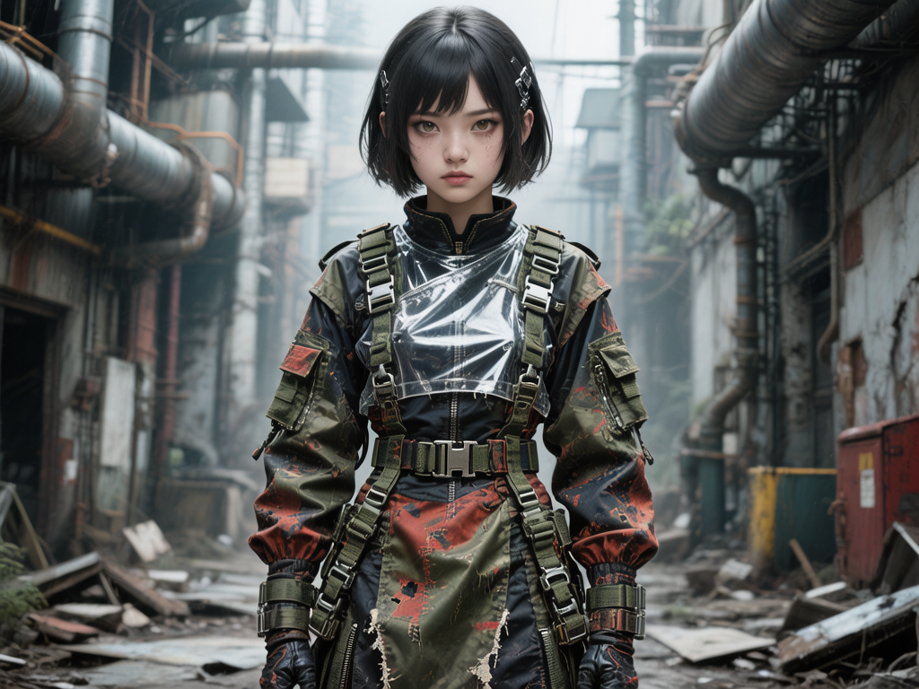 图中展现了一位留着黑色齐耳短发的年轻女性，她正站在一个充满废土工业气息的狭窄小巷中心。她神情冷峻，穿着一套极具设计感的战术服装，融合了迷彩涂鸦、黑色布料以及透明塑料材质的护胸，腰间和肩膀布满了复杂的尼龙织带与金属扣具。背景是灰暗且破败的工业区，两侧布满了锈迹斑斑的巨大管道和建筑残骸，整体色调以冷灰色、军绿色和铁锈红为主，营造出一种末世科幻的氛围。在 AI 生成的细节方面，画面存在明显的逻辑缺陷：人物左侧（画面右下角）的手部虽然戴着手套，但手指轮廓模糊且比例失调；战术背带的连接逻辑混乱，部分扣具凭空悬浮或与衣服纹理错误融合；背景中的管道在透视上略显扭曲，且部分金属构件的边缘出现了不自然的虚化。