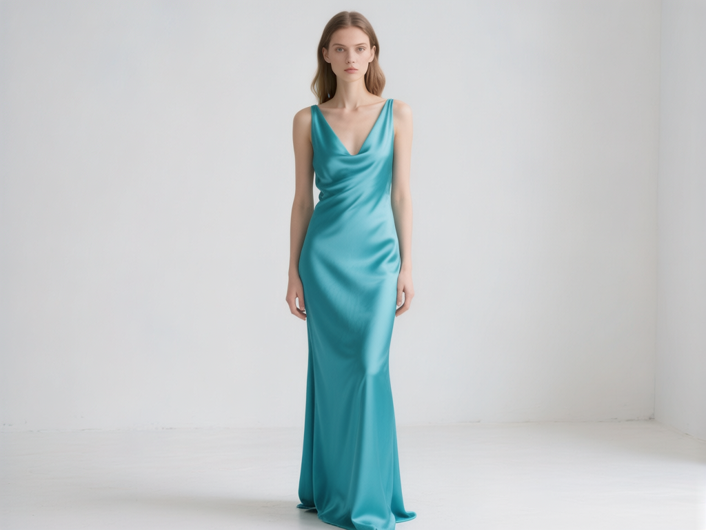 图中展示了一位年轻女性模特，她正站在一个纯白色的简约室内空间中心。模特留着中分的长发，肤色白皙，神情冷峻地直视镜头。她穿着一件亮青色的绸缎长裙，裙子采用深V领设计，胸前带有自然的垂坠褶皱，面料在光线下呈现出丝滑的金属质感，裙摆长及地面。构图上，模特位于画面正中央，背景是干净的白色墙壁和地板，整体色调清新且具有高级感。在 AI 生成的细节方面，可以观察到明显的缺陷：模特的双手手指显得异常细长且关节模糊，左手（画面右侧）的指尖似乎与裙摆边缘融合在了一起；此外，模特的双脚完全消失在裙摆下方，裙摆与地面的接触位置缺乏合理的阴影和透视感，显得有些漂浮。