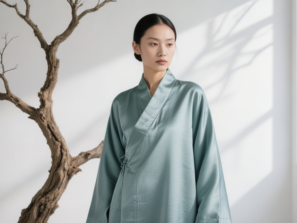 图中展示了一位具有东方韵味的女性，她侧身站立在极简风格的室内空间中。她留着整洁的黑色盘发，五官清秀，神情淡然地望向画面右侧。她身着一件青灰色绸缎质感的交领长袍，面料泛着细腻的光泽，腰间带有简单的系带装饰。画面左侧是一株苍劲的枯木，其扭曲的枝干与背景洁白的墙面形成鲜明对比，右侧墙壁上则投射出斑驳的树影，营造出一种静谧、禅意的氛围。整体色调偏冷，光影柔和。在 AI 生成的细节方面，存在一些明显的逻辑缺陷：画面右侧墙上的树影与左侧实物枯木的形态并不匹配，显得有些突兀；此外，女性所穿长袍的领口结构与肩部线条的衔接略显生硬，缺乏真实布料的自然垂坠感。