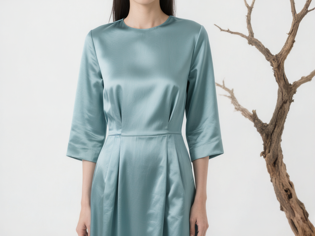 图中展示了一位女性穿着一件青蓝色绸缎连衣裙的半身近景。背景为纯净的白色，右侧矗立着一株干枯的褐色树枝，营造出一种简约而冷淡的艺术氛围。连衣裙采用圆领设计，面料带有丝滑的光泽感，在光线下呈现出明暗交替的质感，腰部有明显的收腰褶皱处理。人物的头部和下半身被截断，仅保留了颈部至大腿的部分。画面中存在明显的 AI 生成缺陷：最显著的是人物的手部，左侧（画面右下角）露出的手指线条模糊且结构异常，看起来像是不完整的肉块；右侧（画面左下角）的手指则显得过于细长且关节缺失。此外，连衣裙的褶皱在腰部衔接处显得有些生硬，缺乏自然的重力垂坠感，右侧的枯树枝在空间透视上也略显扁平，与人物的立体感不太协调。