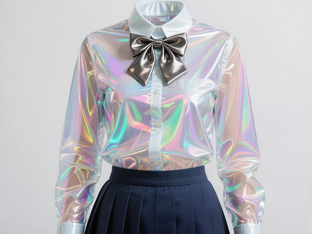图中展示了一套极具未来感的学院风制服，背景为纯净的浅灰色。画面中心是一件由全息幻彩材质制成的长袖衬衫，表面闪烁着如彩虹般绚烂的金属光泽，融合了粉、绿、蓝、金等多种色彩，质感介于乳胶与金属箔片之间。衬衫领口系有一个深灰色的金属质感大蝴蝶结，下半身搭配一条深蓝色的百褶裙。构图采用正面平视视角，服装呈现出被隐形模特撑起的效果。在 AI 生成的细节方面，存在明显的逻辑缺陷：衬衫的材质在袖口和领口处显得厚度异常，且左侧袖子内部隐约透出的肤色阴影与右侧不一致。最明显的错误在于衬衫正面的扣子，它们与门襟的对齐关系非常混乱，且部分扣子仿佛直接漂浮在褶皱之上，缺乏真实的缝合逻辑。