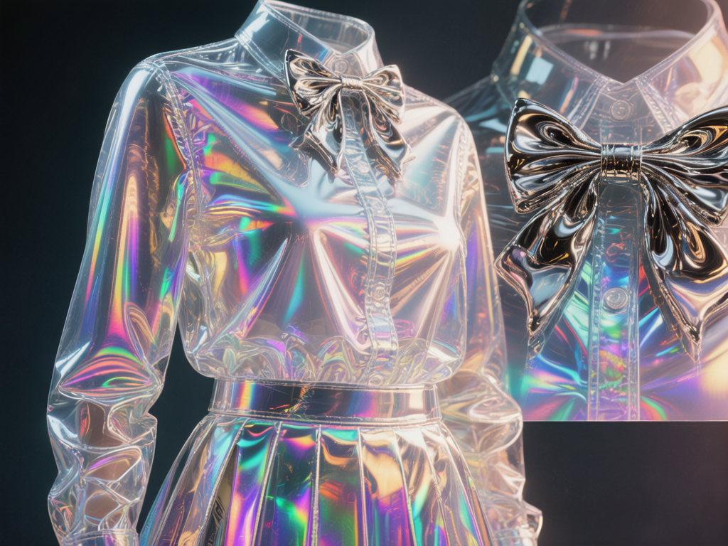 图中展示了一套极具未来主义风格的服装，由全透明且带有全息霓虹光泽的材质制成。这套服装包括一件长袖衬衫和一条百褶裙，表面流淌着彩虹般的色彩，如紫色、青色和金色，呈现出类似肥皂泡或液态金属的质感。衬衫领口处装饰有一个精致的银色金属质感蝴蝶结，右侧背景中还有一个放大显示的蝴蝶结细节图。整体构图简洁，背景为深色，突出了衣物晶莹剔透的光影效果。

在 AI 生成的细节方面，存在一些明显的逻辑缺陷：衬衫的门襟处虽然有类似纽扣的圆点，但与材质的融合显得生硬且缺乏实际的开合结构；衣袖和裙摆的褶皱分布过于细碎且不符合物理重力感；最明显的异常在于右侧的放大图，它像是一个悬浮的矩形切片，边缘生硬地切断了背景，且放大图中的蝴蝶结比例与左侧主体并不完全对应，透视关系略显混乱。