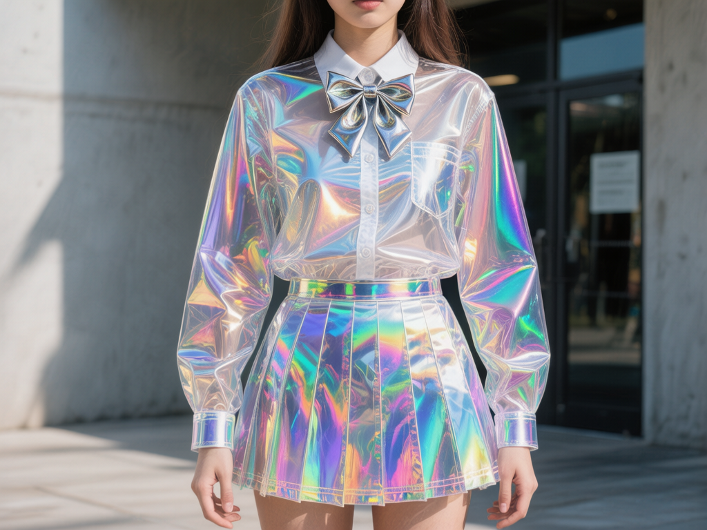 图中展示了一位年轻女性在户外阳光下的半身近景。她穿着一套极具未来感的全透明镭射材质制服，包括一件长袖衬衫和一条百褶短裙。服装表面呈现出如彩虹般绚丽的幻彩光泽，随着褶皱闪烁着粉、蓝、黄、绿等多种色彩。衬衫领口系着一个同样材质的银色大蝴蝶结，整体风格融合了校园风与科幻感。背景是简约的现代建筑墙面和玻璃门，光影分明。在 AI 生成细节方面，存在明显的逻辑缺陷：人物的双手比例失调且手指形态僵硬、扭曲，缺乏自然的关节结构；衬衫的门襟纽扣与布料纹理衔接模糊，左侧口袋的透视关系也显得有些生硬。此外，衣服的透明质感与身体皮肤的遮挡关系在边缘处处理得不够自然。