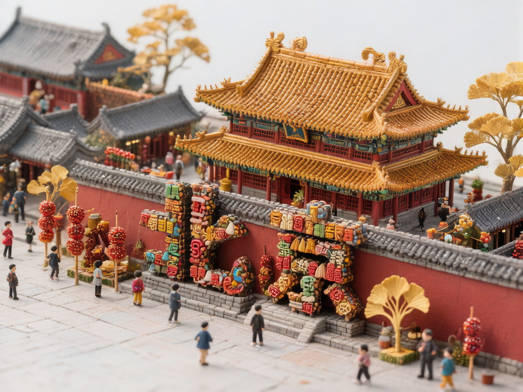 图中展示了一个充满中国传统文化元素的微缩景观模型，场景设定在仿古建筑群前。画面中心是一座金黄色琉璃瓦顶的两层宫殿式建筑，红墙环绕，墙面上装饰着由五彩缤纷的小物件拼凑而成的巨大艺术字体。墙外散落着许多身着现代或中式服装的小型人偶，有的在行走，有的在驻足观看。画面整体色调以朱红、金黄和青灰为主，点缀着金色的银杏树模型和红色的糖葫芦装饰，营造出一种热闹的民俗节日氛围。

在 AI 生成的细节方面，画面存在明显的逻辑与结构缺陷：红墙上的大型艺术字体形态混乱，无法辨认具体汉字，且笔画由模糊的杂物堆砌而成；人偶的五官和肢体非常模糊，部分人物的腿部与地面衔接生硬，甚至出现悬浮感；背景中的建筑屋顶线条不够平直，瓦片纹理在边缘处显得杂乱；右侧的金色银杏树叶片形状过于规则且厚重，缺乏植物的自然质感。