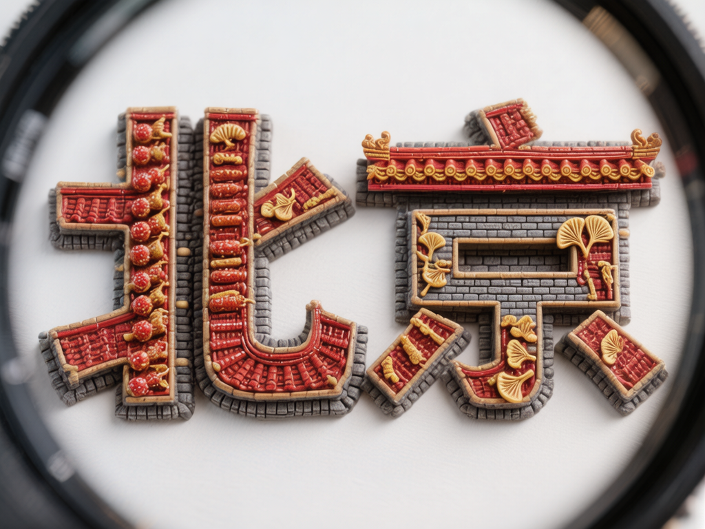 图中展示了一个极具创意的立体微缩景观，由“北京”两个汉字组成。这两个字被放置在纯白色的背景上，四周环绕着一个黑色的圆形边框，仿佛是通过相机镜头或放大镜观察到的画面。字体采用了丰富的建筑元素：底座是灰色的仿古砖墙纹理，内部填充了鲜艳的朱红色瓦片，并点缀着金色的银杏叶和类似冰糖葫芦的红色圆球装饰。整体配色以红、灰、金为主，呈现出浓郁的中式古典韵味。

然而，画面中存在明显的 AI 生成缺陷。首先是文字结构异常，“北”字的笔画连接处显得生硬且不符合常规书法逻辑，“京”字顶部的点变成了一个歪斜的红色方块，下方的笔画也发生了严重的形变和断裂。其次，细节元素存在逻辑错误，例如“北”字左侧的红色圆球与金色装饰物交织混乱，缺乏真实的物理支撑感。此外，背景边缘的黑色圆环透视不均匀，部分区域模糊且带有不自然的数字噪点。