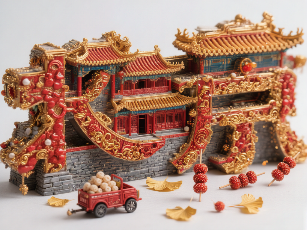 图中展示了一个极具中国风特色的微缩景观模型，背景为纯白色。主体是一座融合了中式古建筑元素的复杂结构，看起来像是由红墙、金瓦和灰色砖石垒砌而成的宫殿群，装饰有大量繁复的金色镂空花纹和红色浮雕。画面前方散落着一些微缩道具，包括一辆装满白色圆球的小型红色货车、几串红色的冰糖葫芦，以及数片金色的银杏叶。整体色调以大红、金黄和青灰为主，色彩浓郁且富有节日氛围。然而，画面中存在明显的 AI 生成缺陷：建筑的结构逻辑混乱，左侧的红色浮雕与墙体衔接生硬，缺乏合理的支撑结构；右侧的冰糖葫芦悬浮在空中，没有支撑点；银杏叶的边缘模糊且形状不自然；建筑顶部的瓦片纹理在细节处出现了扭曲和断裂，透视关系也显得有些错乱。