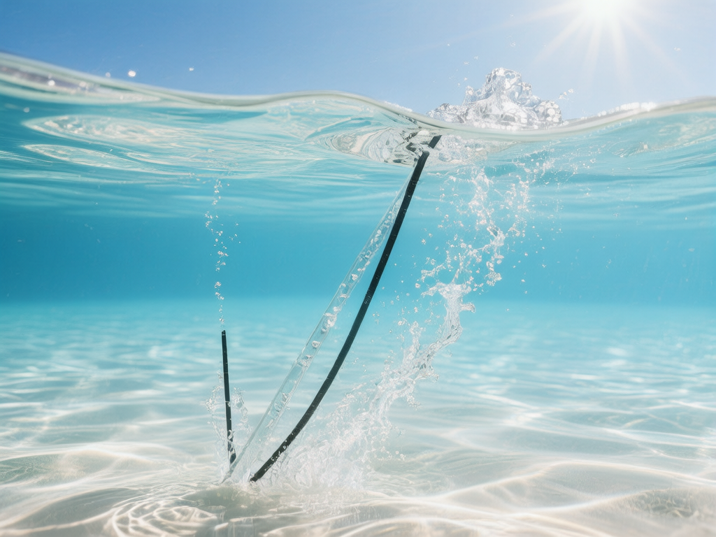 图中展示了一个清澈透明的浅蓝色水下场景，视角处于水面半潜状态，上方是明亮的蓝天和灿烂的阳光。画面中心有两根细长的黑色杆状物体斜插在浅色的沙质水底，周围激起了大量晶莹的水花和气泡。阳光穿透水面，在沙底投射出波光粼粼的网状光影。整体色调清新，以青蓝色、白色和明亮的阳光色为主。画面存在明显的 AI 生成缺陷：水中的黑色杆状物在穿过水面时发生了不自然的断裂和位移，且其物理结构模糊不清，似乎与水花融合在了一起；此外，水面的折射逻辑混乱，左侧水面下的倒影与实物完全无法对应，水花的飞溅形态也显得违背重力常识，呈现出一种破碎且无序的数字伪影感。